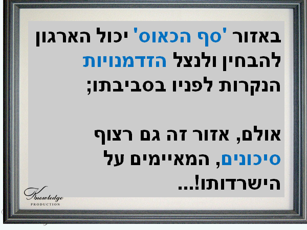 באזור 'סף הכאוס' יכול הארגון להבחין ולנצל הזדמנויות הנקרות לפניו בסביבתו; אולם, אזור זה גם רצוף סיכונים, המאיימים על הישרדותו!... הכרזה: ייצור ידע