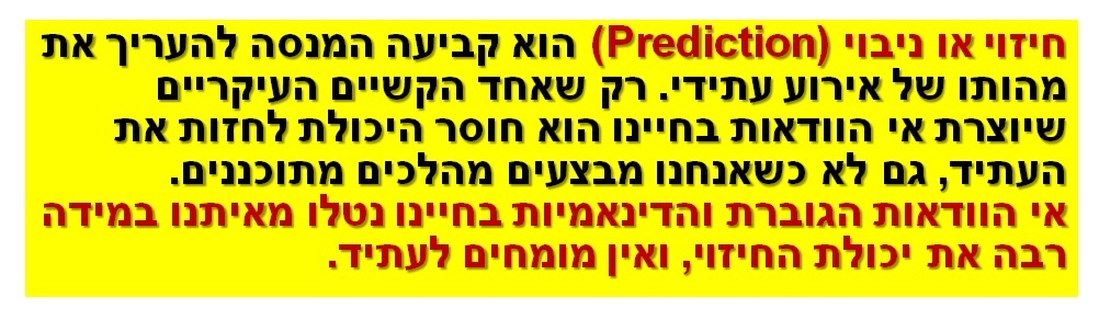 חיזוי או ניבוי (Prediction) הוא קביעה המנסה להעריך את מהותו של אירוע עתידי. רק שאחד הקשיים העיקריים שיוצרת אי הוודאות בחיינו הוא חוסר היכולת לחזות את העתיד, גם לא כשאנחנו מבצעים מהלכים מתוכננים. אי הוודאות הגוברת והדינאמיות בחיינו נטלו מאיתנו במידה רבה את יכולת החיזוי, ואין מומחים לעתיד.