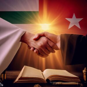 [בתמונה: הסכם חודבייה בעיני הבינה המלאכותית... התמונה עובדה במערכת הבינה המלאכותית של DALL·E ב- Microsoft Bing]