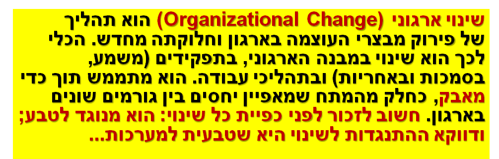 שינוי ארגוניOrganizational Change) ) הוא תהליך של פירוק מבצרי העוצמה בארגון וחלוקתה מחדש. הכלי לכך הוא שינוי במבנה הארגוני, בתפקידים (משמע, בסמכות ובאחריות) ובתהליכי עבודה. הוא מתממש תוך כדי מאבק, כחלק מהמתח שמאפיין יחסים בין גורמים שונים בארגון. חשוב לזכור לפני כפיית כל שינוי: הוא מנוגד לטבע; ודווקא ההתנגדות לשינוי היא שטבעית למערכות...