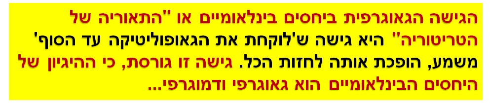 הגישה הגאוגרפית ביחסים בינלאומיים או "התאוריה של הטריטוריה" היא גישה ש'לוקחת את הגאופוליטיקה עד הסוף' משמע, הופכת אותה לחזות הכל. גישה זו גורסת, כי ההיגיון של היחסים הבינלאומיים הוא גאוגרפי ודמוגרפי...