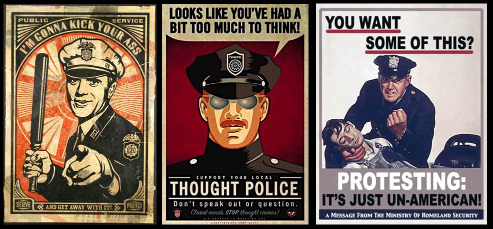 אוסף של שלוש כרזות, המעוצבות כבולים, בנושא תרבות המשטרה