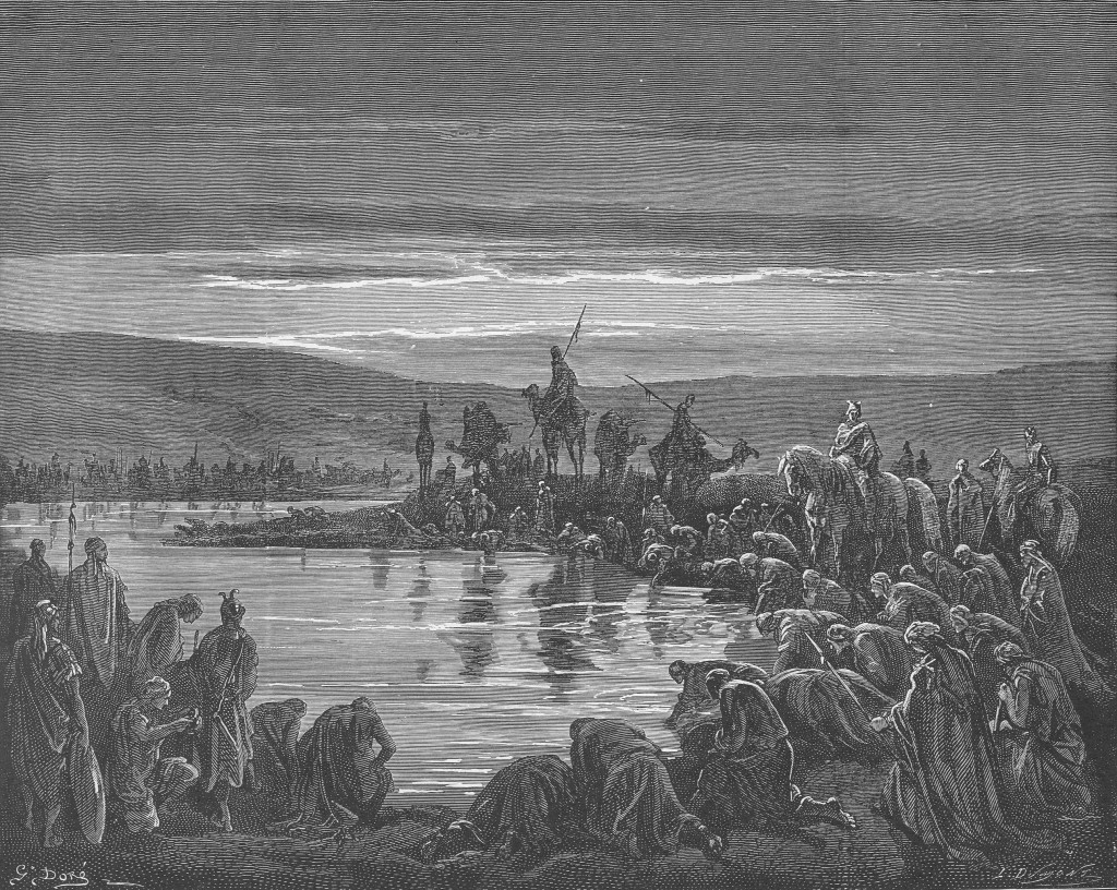 [בתמונה: "גדעון בוחר את 300 הלוחמים" בציור של גוסטב דורה, 1866, כחלק מציורי סיפורי התנ"ך שלו; הציור הוא נחלת הכלל]