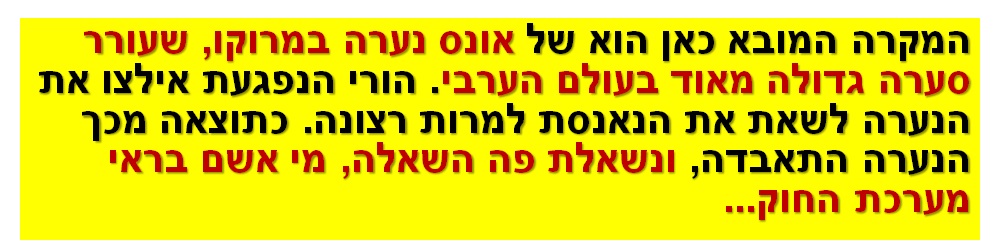 המקרה המובא כאן הוא של אונס נערה במרוקו, שעורר סערה גדולה מאוד בעולם הערבי. הורי הנפגעת אילצו את הנערה לשאת את הנאנסת למרות רצונה. כתוצאה מכך הנערה התאבדה, ונשאלת פה השאלה, מי אשם בראי מערכת החוק...