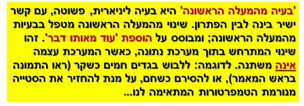 'בעיה מהמעלה הראשונה' היא בעיה ליניארית, פשוטה, עם קשר ישיר בינה לבין הפתרון. שינוי מהמעלה הראשונה מטפל בבעיות מהמעלה הראשונה; ומבוסס על הוספת 'עוד מאותו דבר'. זהו שינוי המתרחש בתוך מערכת נתונה, כאשר המערכת עצמה אינה משתנה. לדוגמה: ללבוש בגדים חמים כשקר (ראו התמונה בראש המאמר), או להסירם כשחם, על מנת להחזיר את הסטייה מנורמת הטמפרטורות המתאימה לנו...