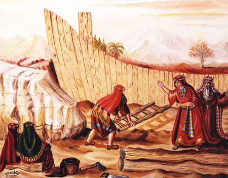 [ציורי תנ"ך/ נח בונה תיבה וליצני הדור לועגים לו/ ציירה: אהובה  קליין(c). התמונה מוצגת באישור היוצרת]
