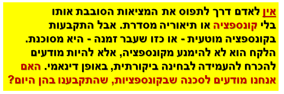אין לאדם דרך לתפוס את המציאות הסובבת אותו בלי קונספציה או תיאוריה מסדרת. אבל התקבעות בקונספציה מוטעית - או כזו שעבר זמנה - היא מסוכנת. הלקח הוא לא להימנע מקונספציה, אלא להיות מודעים להכרח להעמידה לבחינה ביקורתית, באופן דינאמי. האם אנחנו מודעים לסכנה שבקונספציות, שהתקבענו בהן היום?