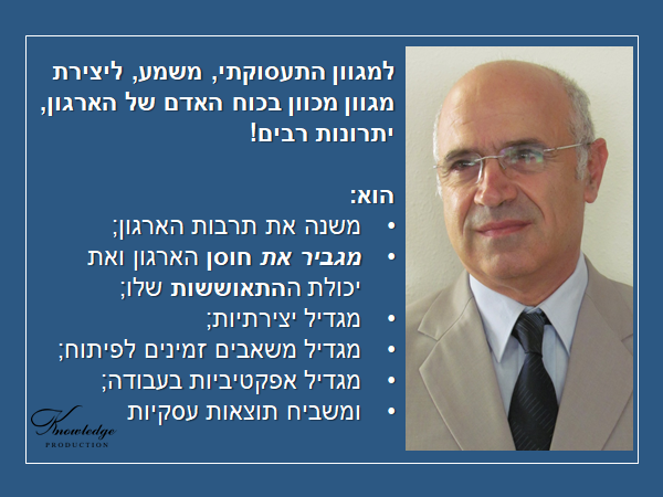 ד"ר פנחס יחזקאלי על יתרונות המגוון התעסוקתי: למגוון התעסוקתי, משמע, ליצירת מגוון מכוון בכוח האדם של הארגון, יתרונות רבים!
הוא:
משנה את תרבות הארגון;
מגביר את חוסן הארגון ואת יכולת ההתאוששות שלו;
מגדיל יצירתיות;
מגדיל משאבים זמינים לפיתוח;
מגדיל אפקטיביות בעבודה;
ומשביח תוצאות עסקיות
הכרזה: ייצור ידע