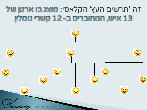 בכרזה: 'עץ מבנה' הוא הפשטה של הרשת, המתאר את ההיררכיה להלכה בארגון. עד כמה 'עץ המבנה' לא משקף את הארגון, ניתן לראות בעזרת שני התרשימים הבאים: התרשים הראשון מתאר 'עץ מבנה' קלאסי, שבו מוצג ארגון של 13 איש, המחוברים ב- 12 קשרי גומלין. הכרזה: ייצור ידע