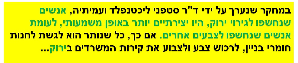 במחקר שנערך על ידי ד"ר סטפני ליכטנפלד ועמיתיה, אנשים שנחשפו לגירוי ירוק, היו יצירתיים יותר באופן משמעותי, לעומת אנשים שנחשפו לצבעים אחרים. אם כך, כל שנותר הוא לגשת לחנות חומרי בניין, לרכוש צבע ולצבוע את קירות המשרדים בירוק...