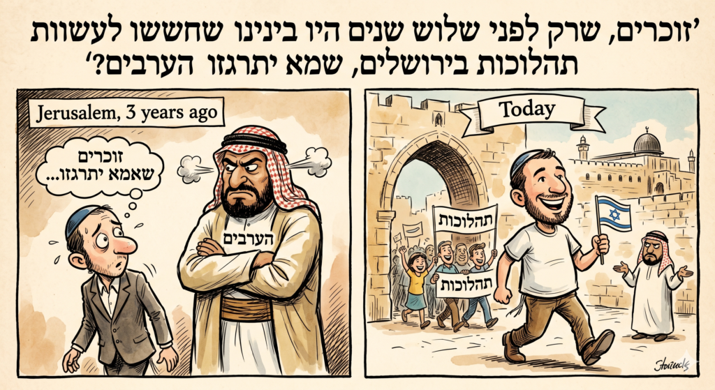 [בתמונה: זוכרים, שרק לפני שלוש שנים היו בינינו שחששו לעשות תהלוכות בירושלים, שמא יתרגזו הערבים? התמונה עובדה במערכת הבינה המלאכותית Gemini' של גוגל]