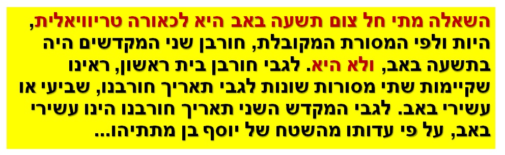 השאלה מתי חל צום תשעה באב היא לכאורה טריוויאלית, היות ולפי המסורת המקובלת, חורבן שני המקדשים היה בתשעה באב, ולא היא. לגבי חורבן בית ראשון, ראינו שקיימות שתי מסורות שונות לגבי תאריך חורבנו, שביעי או עשירי באב. לגבי המקדש השני תאריך חורבנו הינו עשירי באב, על פי עדותו מהשטח של יוסף בן מתתיהו...