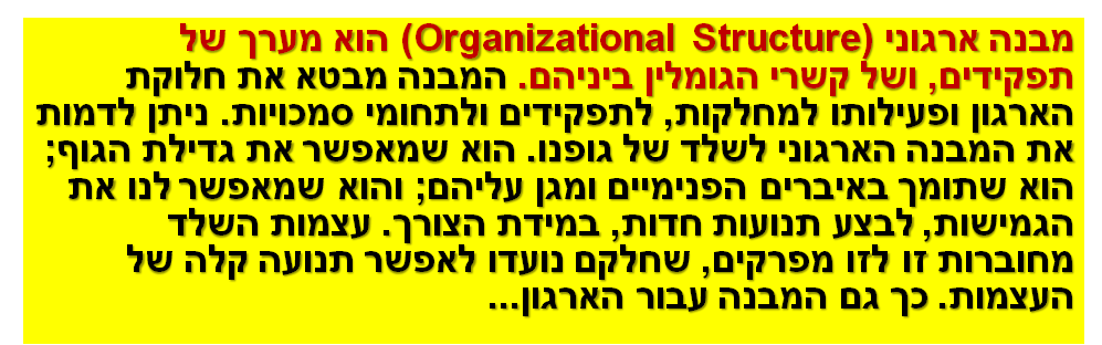 מבנה ארגוניOrganizational Structure) ) הוא מערך של תפקידים, ושל קשרי הגומלין ביניהם. המבנה מבטא את חלוקת הארגון ופעילותו למחלקות, לתפקידים ולתחומי סמכויות. ניתן לדמות את המבנה הארגוני לשלד של גופנו. הוא שמאפשר את גדילת הגוף; הוא שתומך באיברים הפנימיים ומגן עליהם; והוא שמאפשר לנו את הגמישות, לבצע תנועות חדות, במידת הצורך. עצמות השלד מחוברות זו לזו מפרקים, שחלקם נועדו לאפשר תנועה קלה של העצמות. כך גם המבנה עבור הארגון...