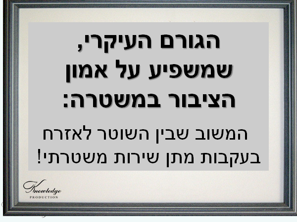 בכרזה: הגורם העיקרי, שמשפיע על אמון הציבור במשטרה: המשוב שבין השוטר לאזרח בעקבות מתן שירות משטרתי. הכרזה: 'ייצור ידע'