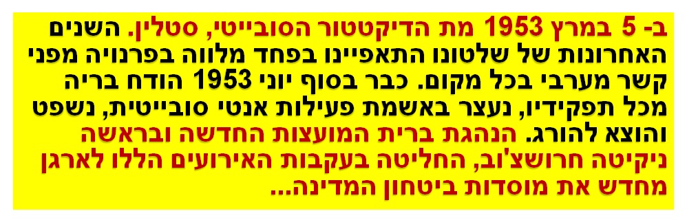 ב- 5 במרץ 1953 מת הדיקטטור הסובייטי, סטלין. השנים האחרונות של שלטונו התאפיינו בפחד מלווה בפרנויה מפני קשר מערבי בכל מקום. כבר בסוף יוני 1953 הודח בריה מכל תפקידיו, נעצר באשמת פעילות אנטי סובייטית, נשפט והוצא להורג. הנהגת ברית המועצות החדשה ובראשה ניקיטה חרושצ'וב, החליטה בעקבות האירועים הללו לארגן מחדש את מוסדות ביטחון המדינה...