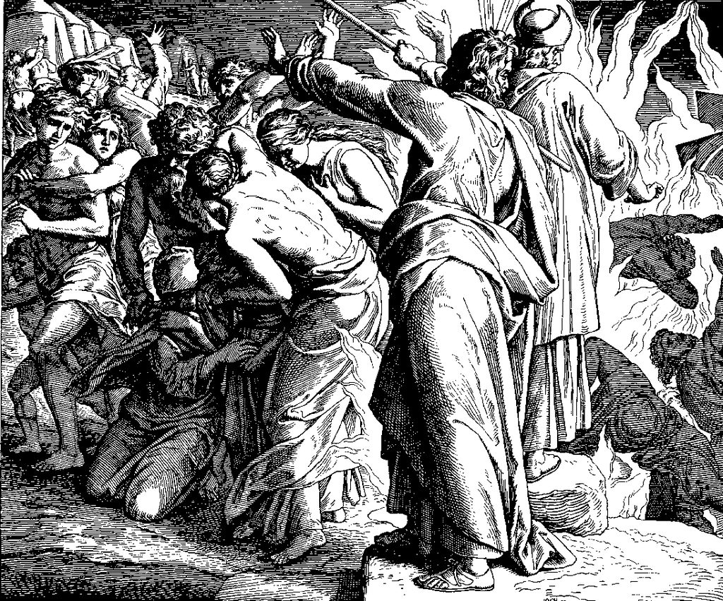 [בתמונה: המרד של קורח ועדתו - חיתוך עץ מ- 1860. האמן: יוליוס שנור פון קרולספלד. התמונה היא נחלת הכלל]