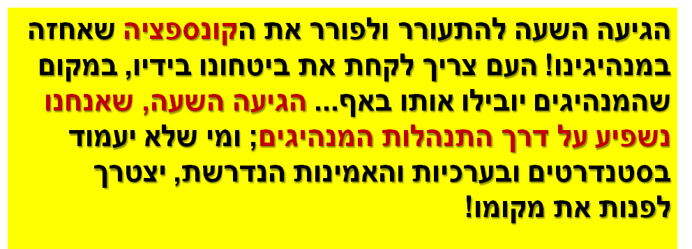 הגיעה השעה להתעורר ולפורר את הקונספציה שאחזה במנהיגינו! העם צריך לקחת את ביטחונו בידיו, במקום שהמנהיגים יובילו אותו באף... הגיעה השעה, שאנחנו נשפיע על דרך התנהלות המנהיגים; ומי שלא יעמוד בסטנדרטים ובערכיות והאמינות הנדרשת, יצטרך לפנות את מקומו!