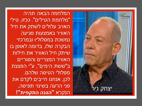 יצחק ניר: המלחמה הבאה תהיה "מלחמת הטילים". ככזו, טילי האויב עלולים לשתק את חיל האוויר באמצעות פגיעה נמשכת במסלוליו ובמרכזי הבקרה שלו, בדומה לאופן בו שיתק חיל האוויר את חילות האוויר המצריים והסוריים ב"ששת הימים", ע"י הפצצת מסלולי הטיסה שלהם. לכן, אנחנו חייבים לקדם את פני הרעה בשינוי תפיסה, הנקרא "הגנה התקפית"! הכרזה: ייצור ידע