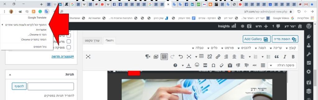 בתמונה: לכתוב בעברית בלינקדאין - לחיצה על הלחצן הימני באייקון תפתח טור של לחצנים, שיאפשר לנו לקבוע את האופן שבו נרצה לעשות בו שימוש. לחצו על הלחצן השני מלמעלה, "התוסף יכול לקרוא ולשנות נתונים אחרים" [התמונה היא צילום מסך]