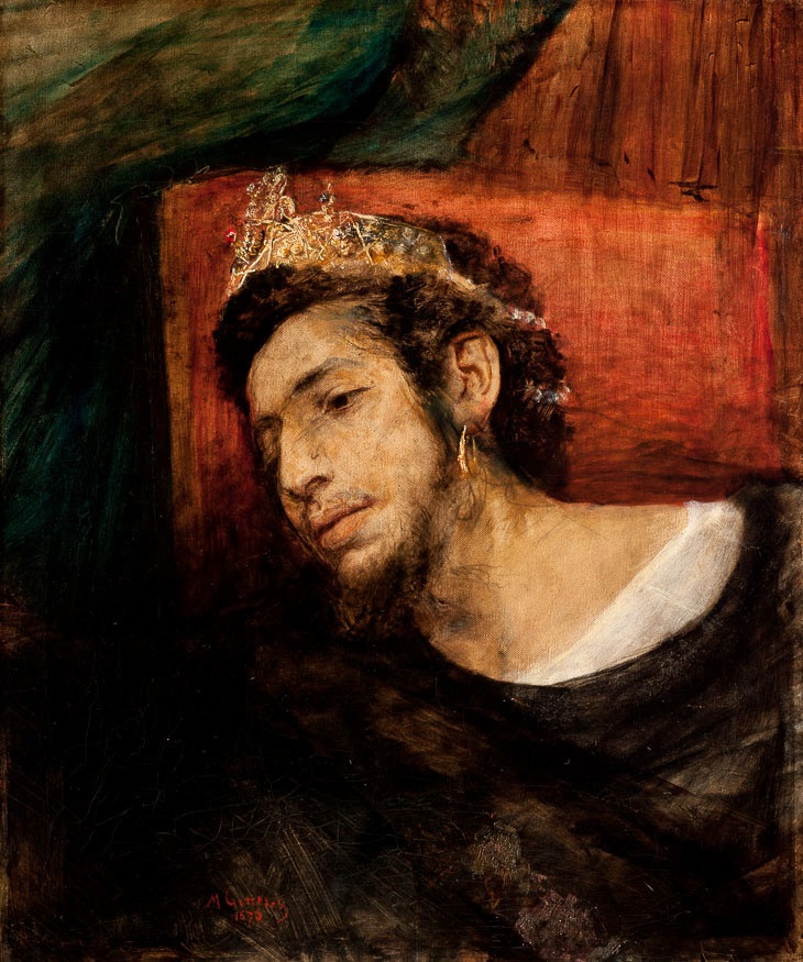 [בתמונה משמאל: התמונה "אחשוורוש", מאת הצייר היהודי פולני מאוריצי גוטליב. הצייר בחר לתארו כבחור צעיר מאוד, הנראה מנומנם עייף ולא מרוכז. התמונה היא נחלת הכלל]
