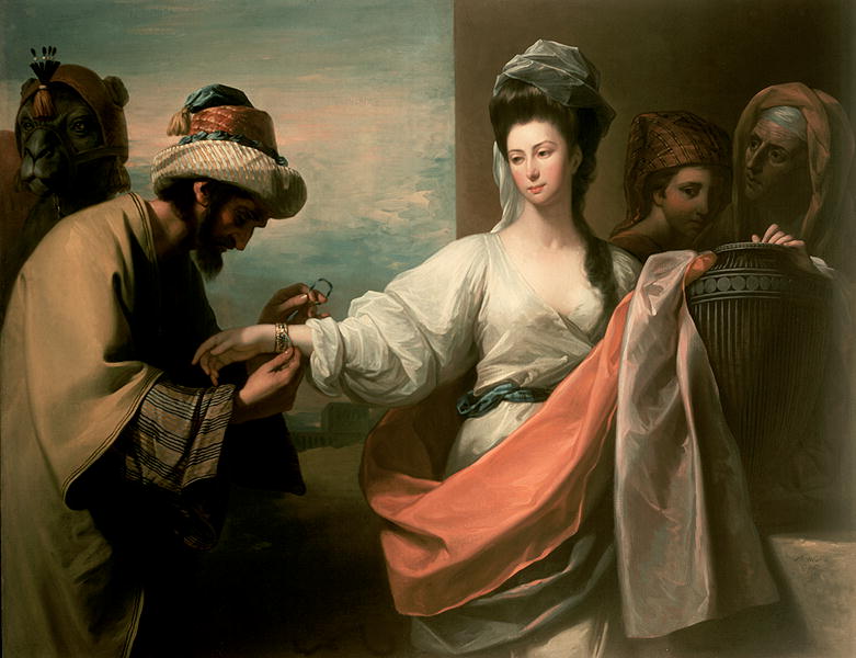 [בתמונה: משרתו של יצחק מנסה את הצמיד על זרועה של רבקה - ציור בערך 1800 על ידי בנימין ווסט. התמונה היא נחלת הכלל]