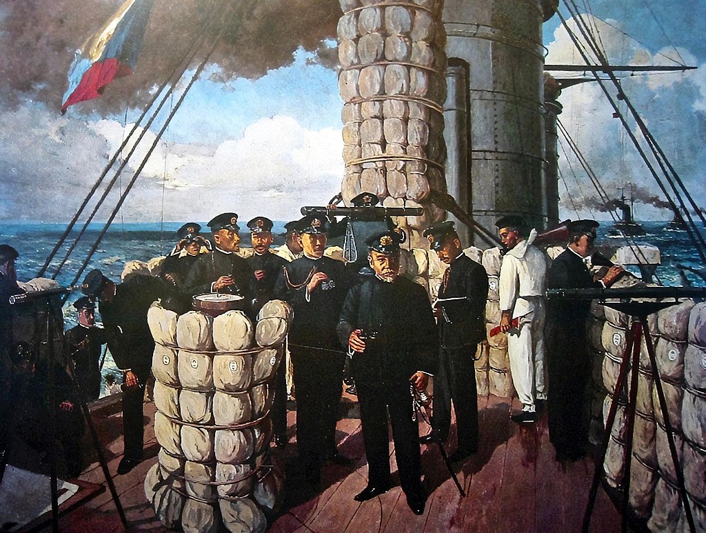 [בתמונה: האדמירל היפני טוגו על גשר הפיקוד של אנית הקרב מיקאסה, בתחילת הקרב. התמונה היא נחלת הכלל]