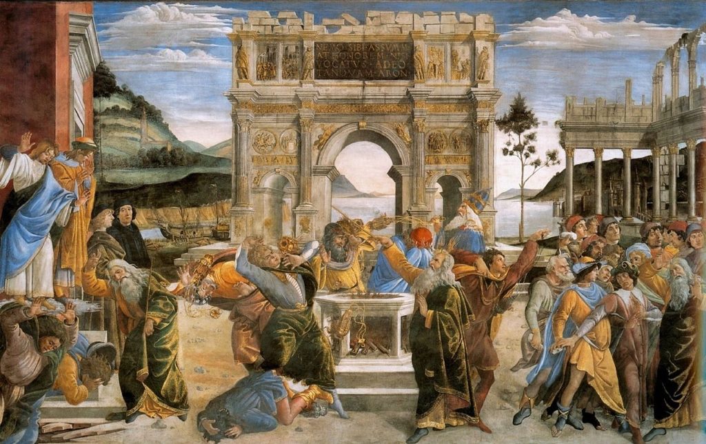 [בתמונה: סקילת קורח ועדתו... פרסקו ידי סנדרו בוטיצ'לי של הקפלה הסיסטינית , 1480-1482. התמונה היא נחלת הכלל]