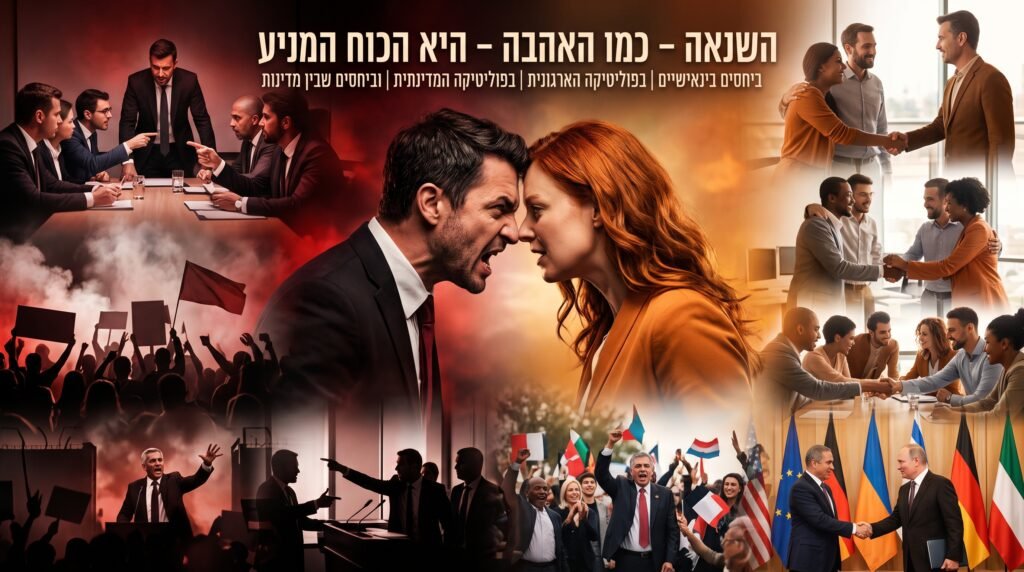 [בתמונה: השנאה – כמו האהבה – היא הכוח המניע החזק ביותר ביחסים בינאישיים; בפוליטיקה הארגונית; בפוליטיקה המדינתית וגם ביחסים שבין מדינות… התמונה עובדה במערכת הבינה המלאכותית Gemini' של גוגל]