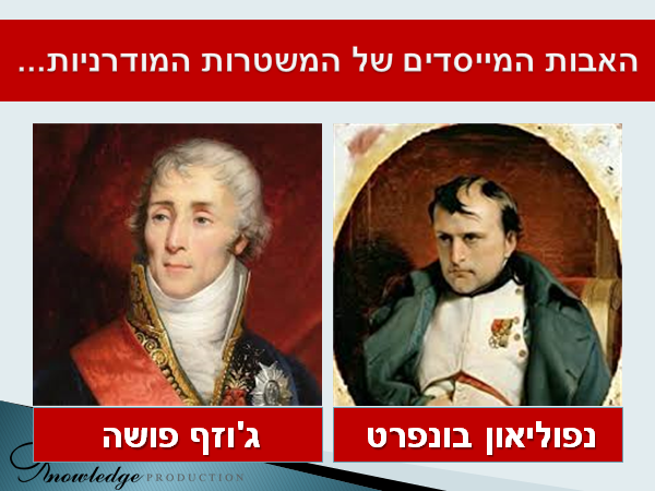האבות המייסדים של המשטרות המודרניות: נפוליאון בונפארט וג'ורג' פושה. הכרזה: ייצור ידע. התמונות הן נחלת הכלל