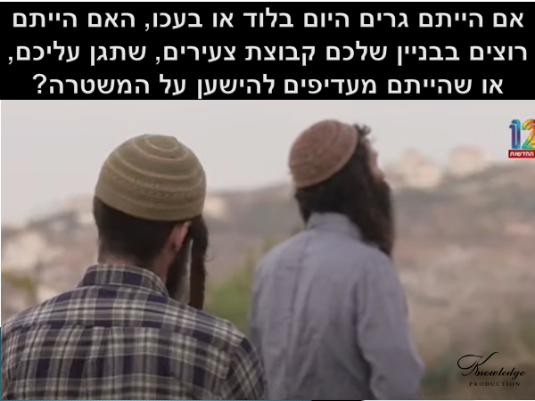 [רקוויאם למשילות הישראלית, לא רק בפריפריה אלא גם בערים המעורבות. אחרי איסוף הנשק מיהודים בלוד, איך הייתם משיבים לשאלה הבאה: אם הייתם גרים היום בלוד או בעכו, האם הייתם רוצים בבניין שלכם קבוצת צעירים, שתגן עליכם, או שהייתם מעדיפים להישען על המשטרה? התמונה היא צילום מסך. הכרזה - ייצור ידע]