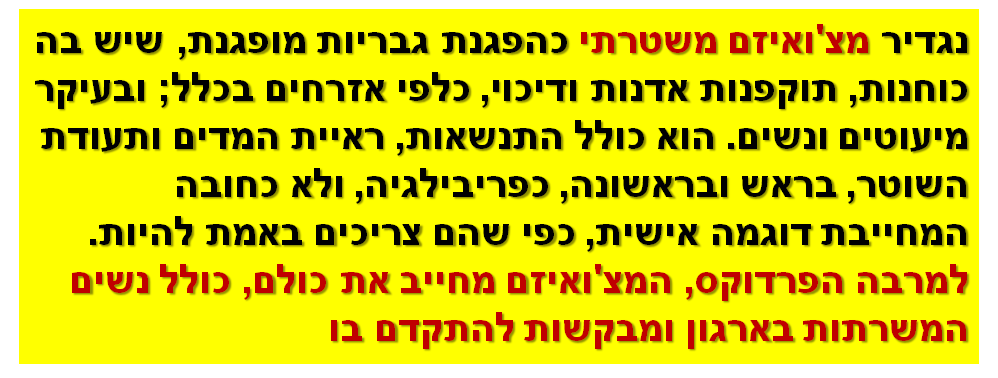 נגדיר מצ'ואיזם משטרתי כהפגנת גבריות מופגנת, שיש בה כוחנות, תוקפנות אדנות ודיכוי, כלפי אזרחים בכלל; ובעיקר מיעוטים ונשים. הוא כולל התנשאות, ראיית המדים ותעודת השוטר, בראש ובראשונה, כפריבילגיה, ולא כחובה המחייבת דוגמה אישית, כפי שהם צריכים באמת להיות. למרבה הפרדוקס, המצ'ואיזם מחייב את כולם, כולל נשים המשרתות בארגון ומבקשות להתקדם בו