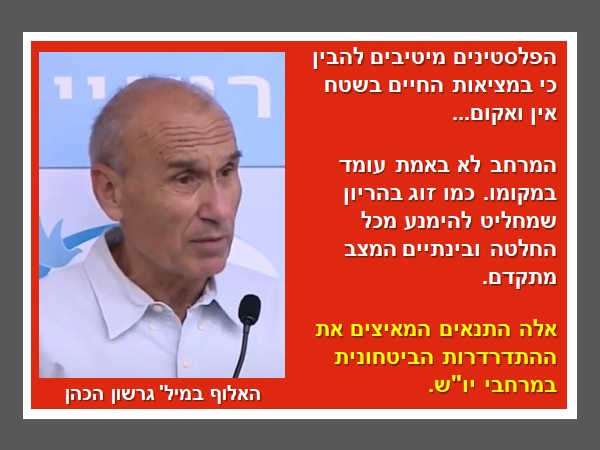 בכרזה: הפלסטינים מיטיבים להבין כי במציאות החיים בשטח אין ואקום... המרחב לא באמת עומד במקומו. כמו זוג בהריון שמחליט להימנע מכל החלטה ובינתיים המצב מתקדם. אלה התנאים המאיצים את ההתדרדרות הביטחונית במרחבי יו"ש. הכרזה: ייצור ידע