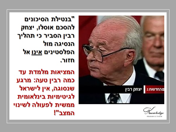 בכרזה: "בנטילת הסיכונים להסכם אוסלו, יצחק רבין הסביר כי תהליך הנסיגה מול הפלסטינים אינו אל חזור. המציאות מלמדת עד כמה רבין טעה: מרגע שנסוגה, אין לישראל לגיטימיות בינלאומית ממשית לפעולה לשינוי המצב"! התמונה היא צילום מסך מכתבת ערוץ 2. הכרזה: ייצור ידע