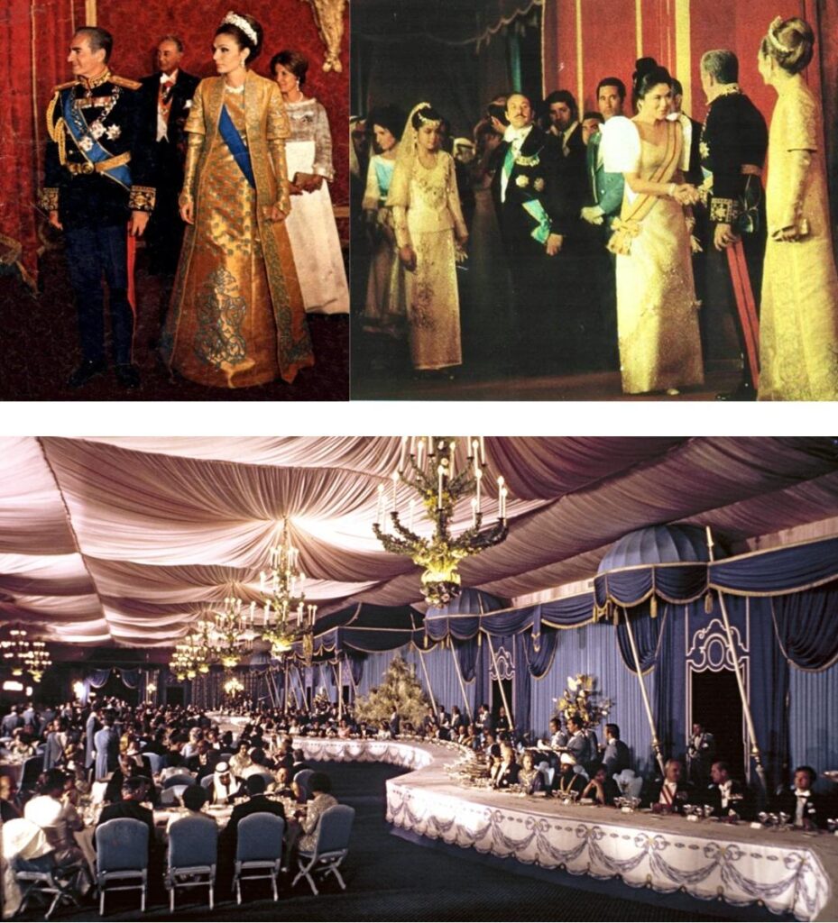 [בתמונה: חמישים אוהלים (למעשה דירות פאר טרומיות עטופות בבדים בעיצוב פרסי מסורתי) סודרו במבנה כוכב סביב למזרקה מרכזית ומספר עצום של עצים ניטעו סביבם במדבר, כדי לשחזר בצורה מסוימת את המראה של פרספוליס בעת העתיקה. בנוסף הוקם אוהל הכבוד לצורך קבלת הפנים למכובדים... המקור: טוויטר. בעל הזכויות בתמונה זו לא אותר. לכן, השימוש נעשה לפי סעיף 27א' לחוק זכויות יוצרים. בעל הזכויות הראשי, אנא פנה ל: yehezkeally@gmail.com]