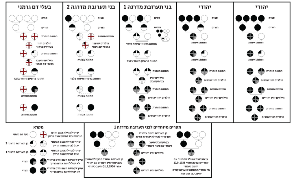 [בתמונה: תרשים המתאר את שייכותו של אדם לגזע הארי או לגזע היהודי על פי חוקי נירנברג, מתורגם לעברית. למרות הכל, היהודים אינם עוזבים... התמונה נוצרה והועלתה לויקיפדיה על ידי NurembergTranslate. קובץ זה הוא בעל רישיון Creative Commons להפצה, תחת רישיון זהה, גרסה: CC BY-SA 4.0]