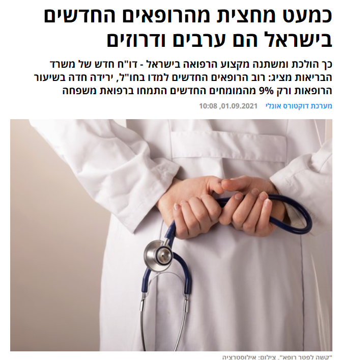 אתר דוקטורס אונלי: כמעט מחצית מהרופאים החדשים בישראל הם ערבים ודרוזיםכך הולכת ומשתנה מקצוע הרפואה בישראל - דו"ח חדש של משרד הבריאות מציג: רוב הרופאים החדשים למדו בחו"ל, ירידה חדה בשיעור הרופאות ורק 9% מהמומחים החדשים התמחו ברפואת משפחה...