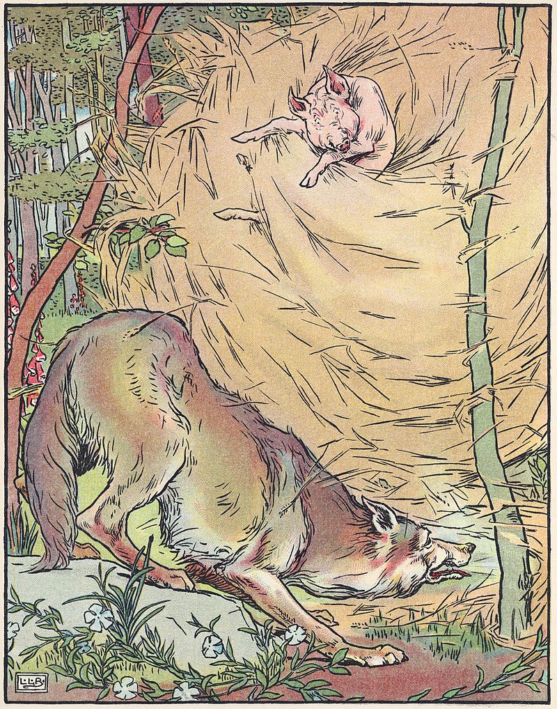 [בתמונה: הזאב נושף על בית הקש. איור מתוך עיבוד לסיפור משנת 1904. התמונה היא נחלת הכלל]
