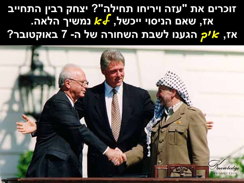 [בכרזה: זוכרים את "עזה ויריחו תחילה"? יצחק רבין התחייב אז, שאם הניסוי ייכשל, לא נמשיך הלאה.
אז, איך הגענו לשבת השחורה של ה- 7 באוקטובר? יצחק רבין, יאסר ערפאת והנשיא ביל קלינטון בעת חתימת הסכם אוסלו, 13 בספטמבר 1993. הכרזה: ייצור ידע. התמונה היא נחלת הכלל]