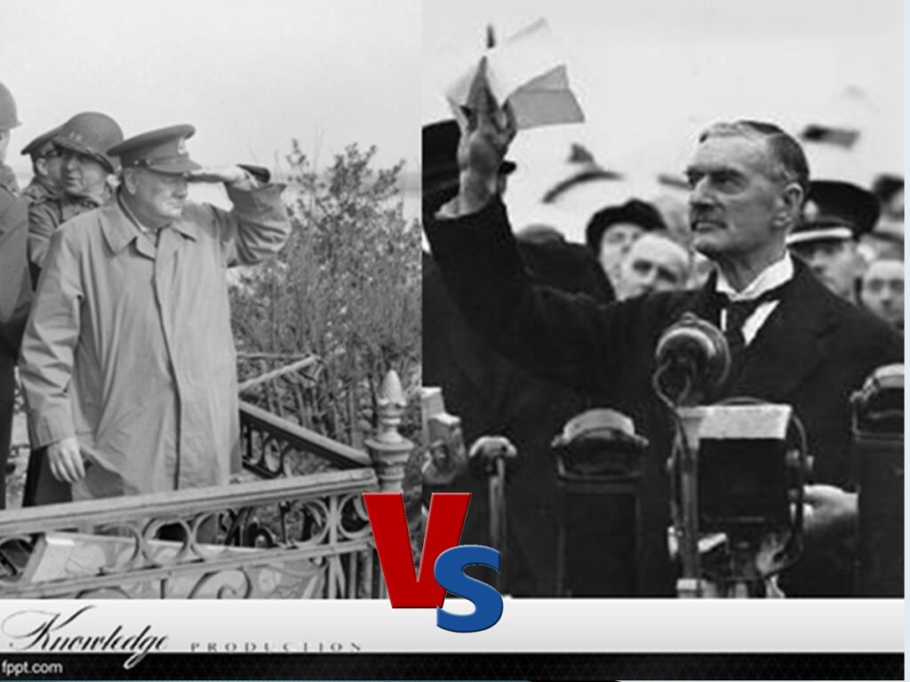 [בתמונה: צ'מברלין (מימין) מול צ'רצ'יל: כמה נוח - בטווח הקצר - לאהוב את הפייסן...שתי התמונות הן נחלת הכלל]