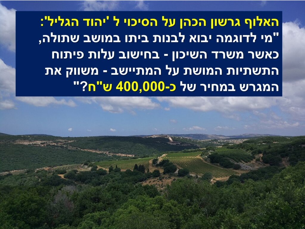 [בכרזה - האלוף גרשון הכהן על הסיכוי ל 'יהוד הגליל': "מי לדוגמה יבוא לבנות ביתו במושב שתולה, כאשר משרד השיכון - בחישוב עלות פיתוח התשתיות המושת על המתיישב - משווק את המגרש במחיר של כ-400,000 ש"ח?". התמונה המקורית נוצרה והועלתה לויקיפדיה על ידי אליהו הנביא אהי. קובץ זה הוא בעל רישיון Creative Commons להפצה, תחת רישיון זהה, גרסה: CC BY-SA 3.0. הכרזה: ייצור ידע]