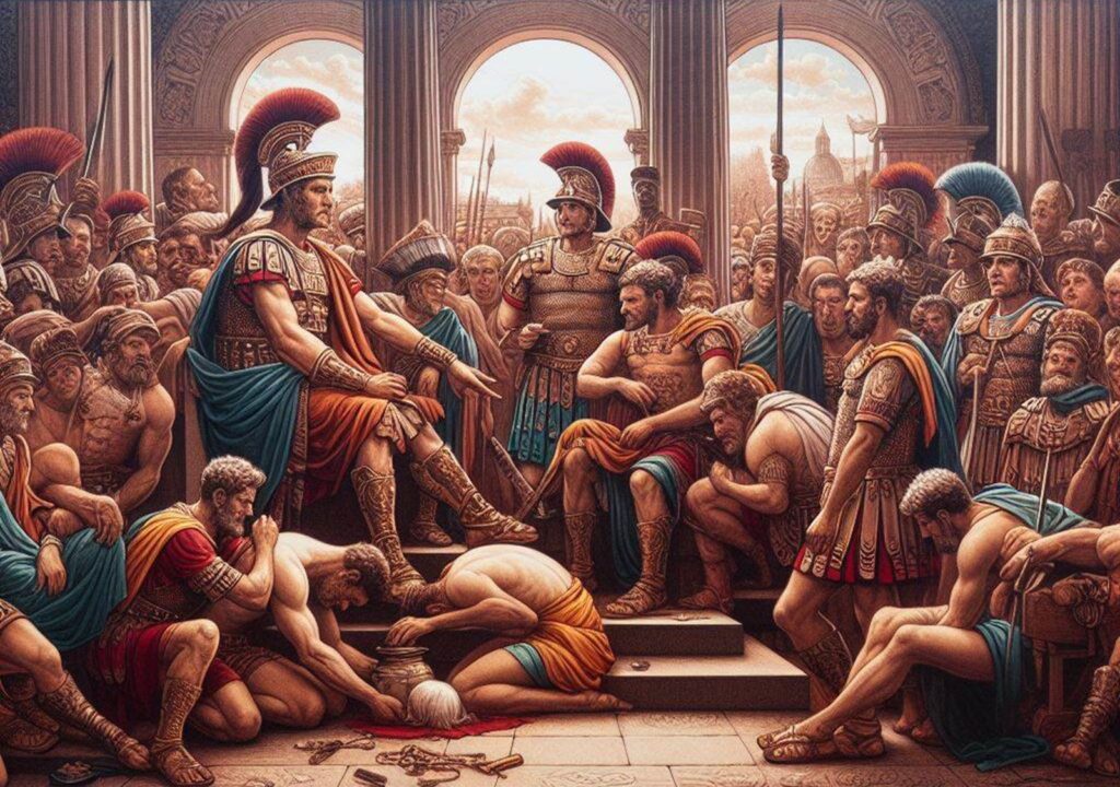 [בתמונה: "לא זו בלבד שהרומאים היו פחות כפויי טובה מבני רפובליקות אחרות ...אלא שגם בעמדם להטיל עונש על מפקדיהם היו מתונים בדינם וזהירים בכבודם, יותר מכל האחרים. קלקל שר צבא בזדון, ענשו אותו במתינות, קלקל בשגגה או מחמת חוסר הדעת, לא חייבו אותו בשום עונש, ואדרבא, היו נותנים לו פרס ומודיעים לו כבוד ויקר" (ניקולו מקיאבלי). התמונה עובדה במערכת הבינה המלאכותית של DALL·E ב- Microsoft Bing] 