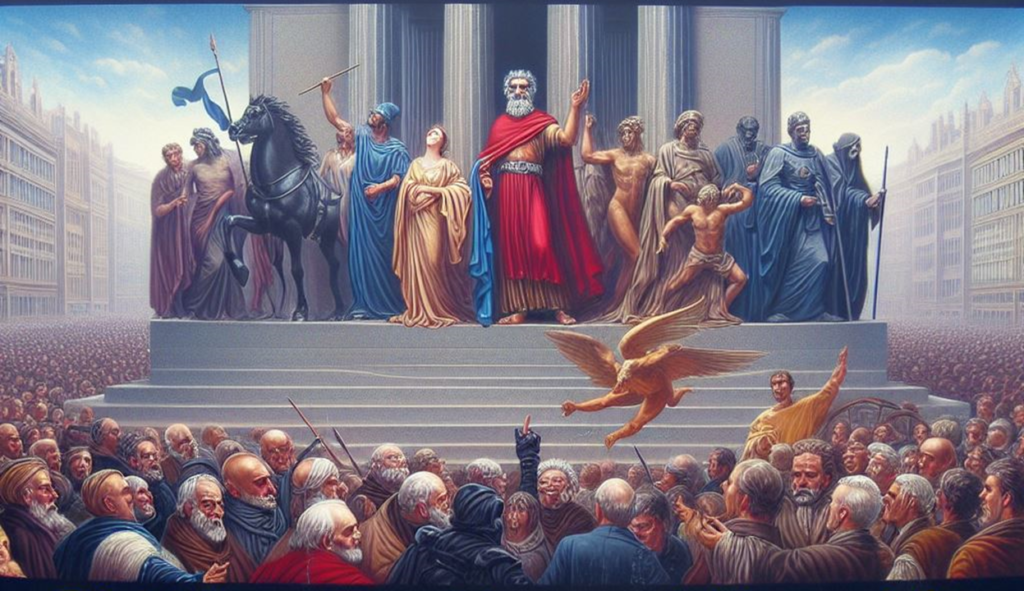 [בתמונה: פופוליזם הוא אקט הישרדותי של עם חפץ חיים... התמונה עובדה במערכת הבינה המלאכותית של DALL·E ב- Microsoft Bing. המקור: ייצור ידע]