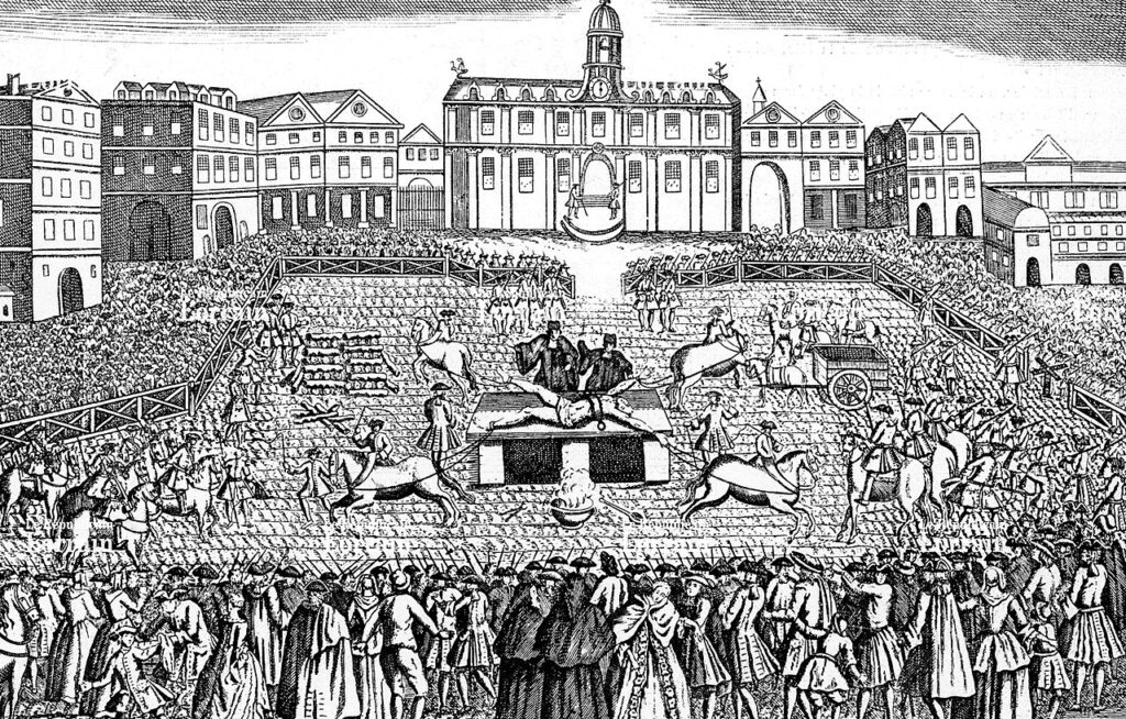 [בתמונה: רוברט פרנסואה דמיאנס מוצא להורג ע"י ביתור... האמן אינו ידוע. התמונה היא נחלת הכלל]