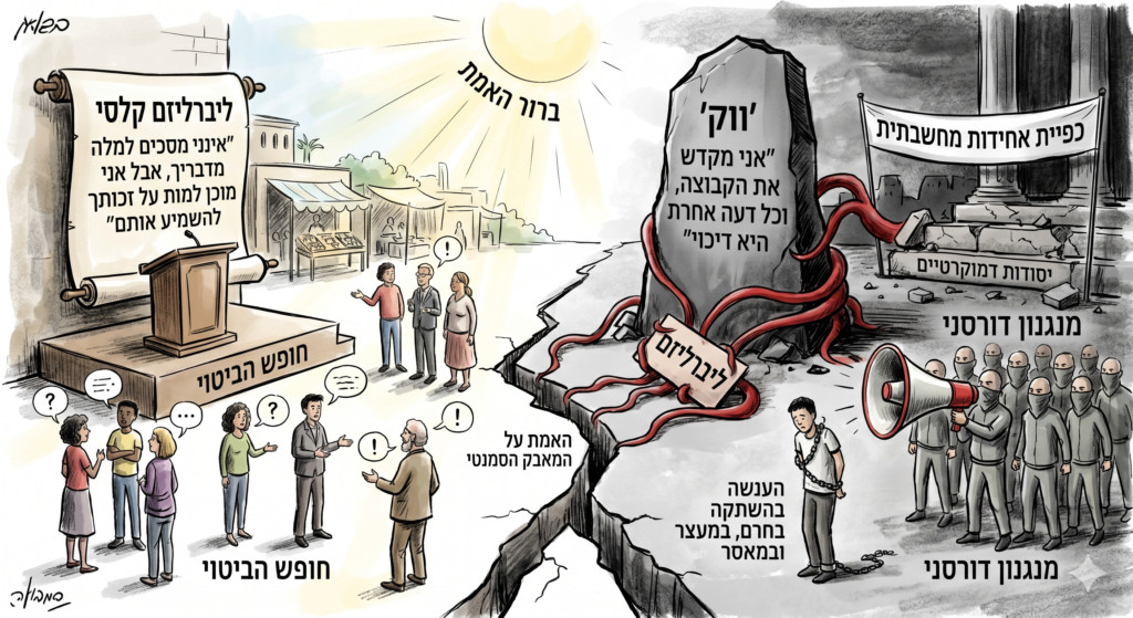 [בתמונה: מה בין הליברליזם לווק הפרוגרסיבי? התמונה עובדה במערכת הבינה המלאכותית Gemini' של גוגל]