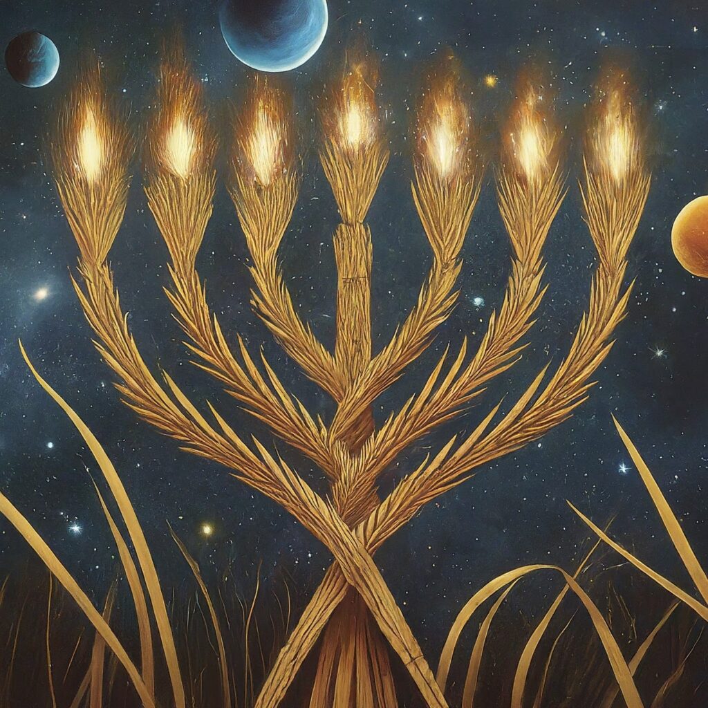 [בתמונה: שבעה קנים ושבעה כוכבי לכת... התמונה עובדה במערכת הבינה המלאכותית Gemini' של גוגל]