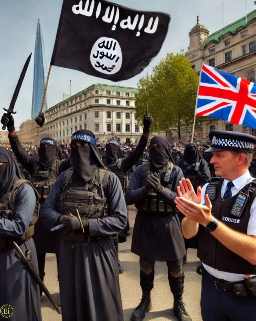 [בתמונה: מחי מחי כפיים... ביקורת מימין על התרפסות המשטרה הבריטית בפני המהגרים, שאינם מסתירים את כוונותיהם לגבי הרס המדינה הבריטית והקמת מדינת שריעה... המקור: דף הטוויטר של Europe Invasion. אנו מאמינים כי אנו עושים בתמונה שימוש הוגן]