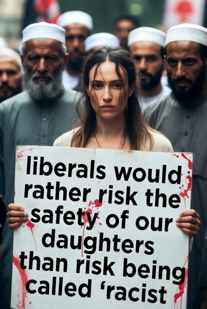 [בכרזה: “ליברלים יעדיפו לסכן את ביטחון בנותינו מאשר להסתכן בכך שיכנו אותם ‘גזענים’”... המקור: דף הטוויטר של zionista. אנו מאמינים כי אנו עושים בתמונה שימוש הוגן]