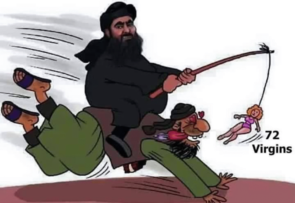 [בתמונה: איזו מן דת היא זו, העוסקת באובססיביות במוות ובסקס, ומשעבדת נשים לעבדות מינית ואחרת בעולם הזה והבא כאחד?... המקור: דף הטוויטר של Mountain Man. אנו מאמינים כי אנו עושים בתמונה שימוש הוגן]