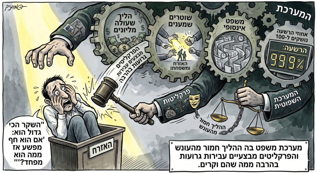 [בתמונה: "אם הוא חף מפשע אז ממה הוא מפחד?" באמת? התמונה עובדה במערכת הבינה המלאכותית Gemini' של גוגל]
