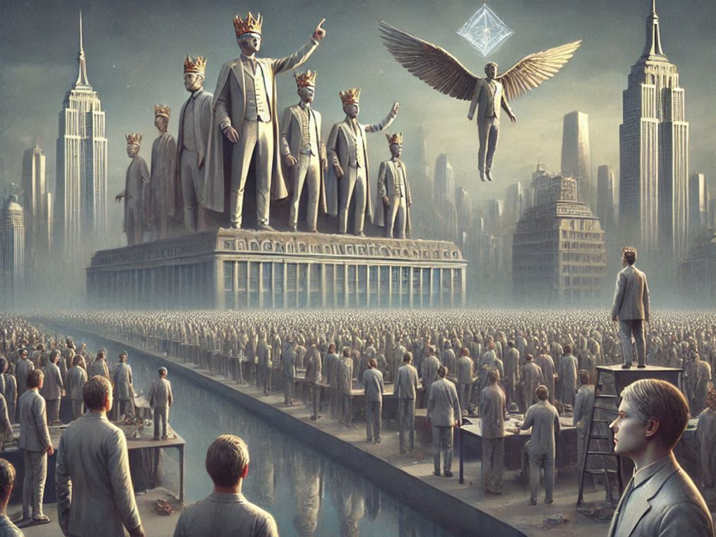 [בתמונה: "יחי אנחנו", הנרקיסיזם הקולקטיבי של האליטה… התמונה עובדה במערכת הבינה המלאכותית של DALL·E ב- Microsoft Bing]